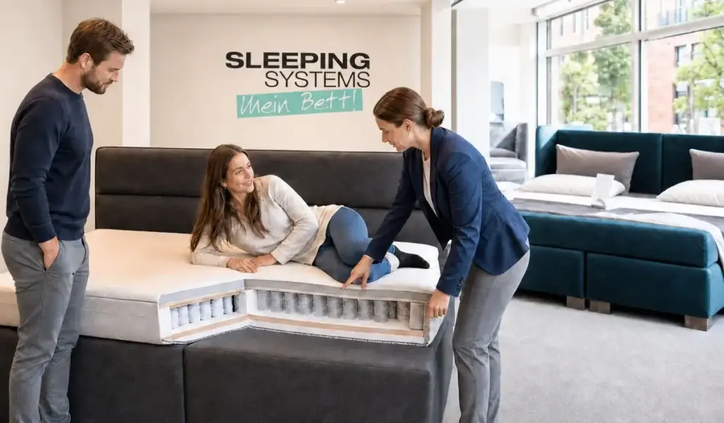 Individuelle Beratung zu Boxspringbetten und Schlafsystemen im Showroom Hamburg, bei der der Aufbau einer Taschenfederkernmatratze erklärt wird.